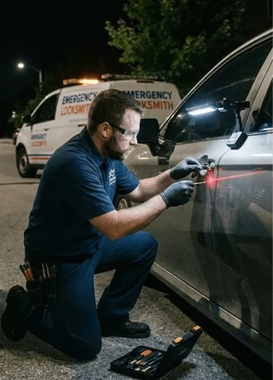 Locksmith using lockout tools on a car door