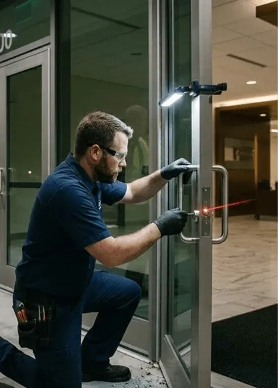 Commercial locksmith servicing a glass storefront door lock